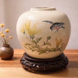 Vintage Hand-Painted Cream Ceramic Vase with Yellow Floral & Bird Motif